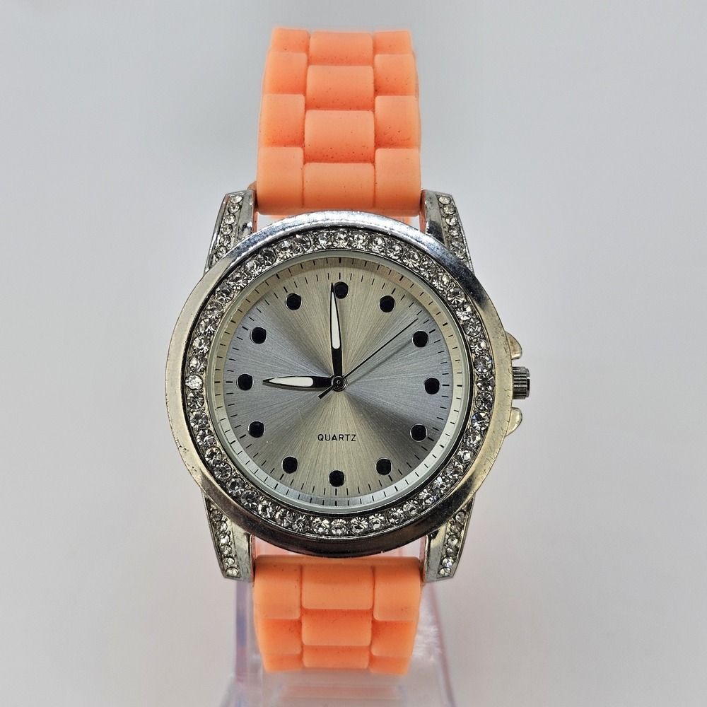 Women Analog Watch 41MM Gray Dial Crystal Bezel Orange Plastic Bands NEW Battery